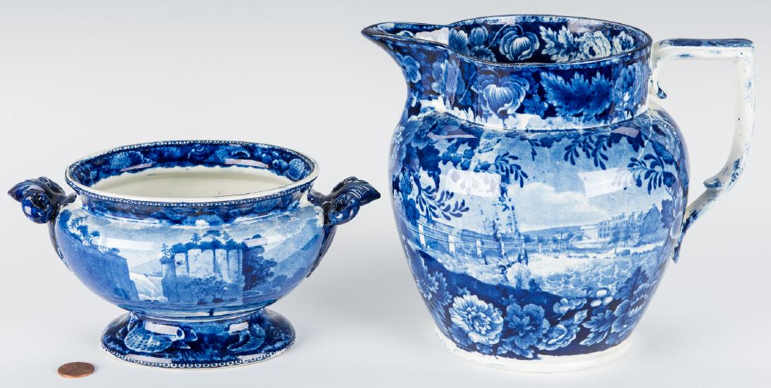 2 pcs Historical Staffordshire: Erie Canal & Passaic: Two (2) Historical Staffordshire items. 1st item: Historical Staffordshire Erie Canal pearlware jug with blue transfer print landscape scenes. One side shows the "View of the Aqueduct Bridge at Roches