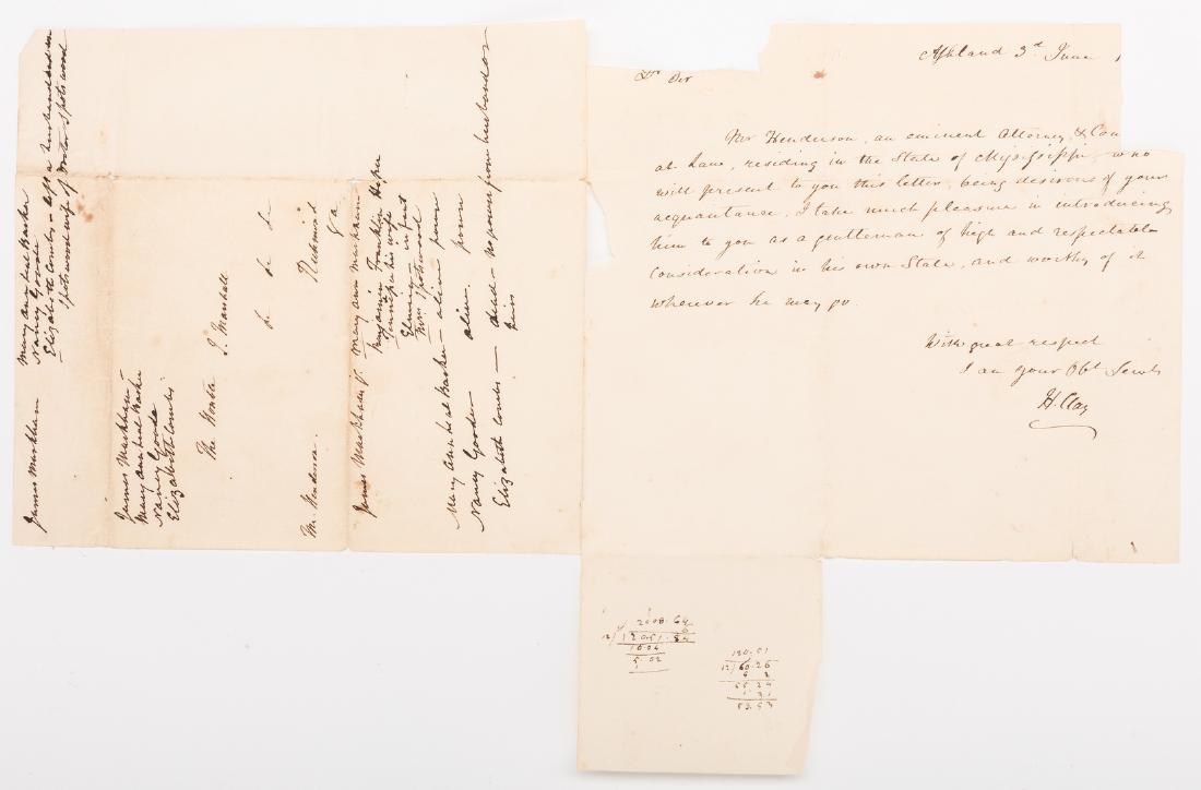 Henry Clay ALS to John Marshall, Marshall Annotations: ALS. One page handwritten bifolium. From Henry Clay (1777-1852) to U.S. Chief Justice John Marshall (1755-1835), written from Ashland, dated June 3, circa 1830, as an introduction to John Henderson, f