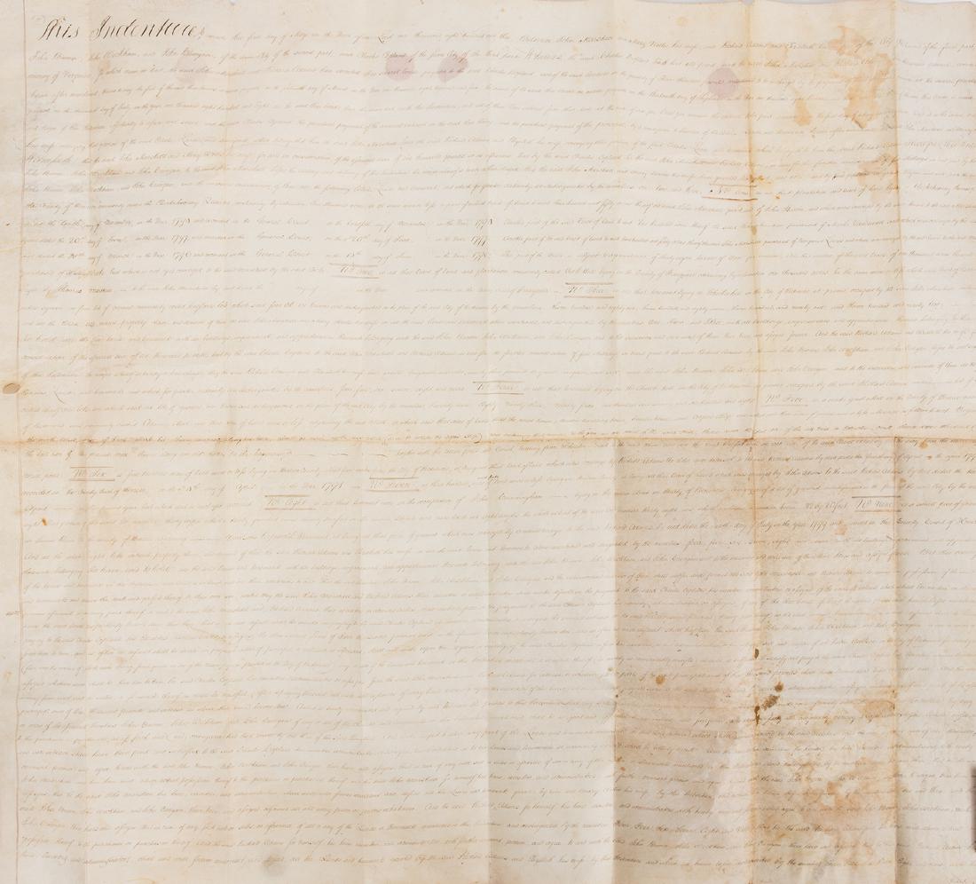 J. Marshall, R. Adams, J. Wickham Indenture, 1803: 1803 Land indenture on vellum between John Marshall and his wife Mary Willis Ambler Marshall and Richard Adams and his wife Elizabeth Adams of the first part, John Brown, John Wickham, a law partner o