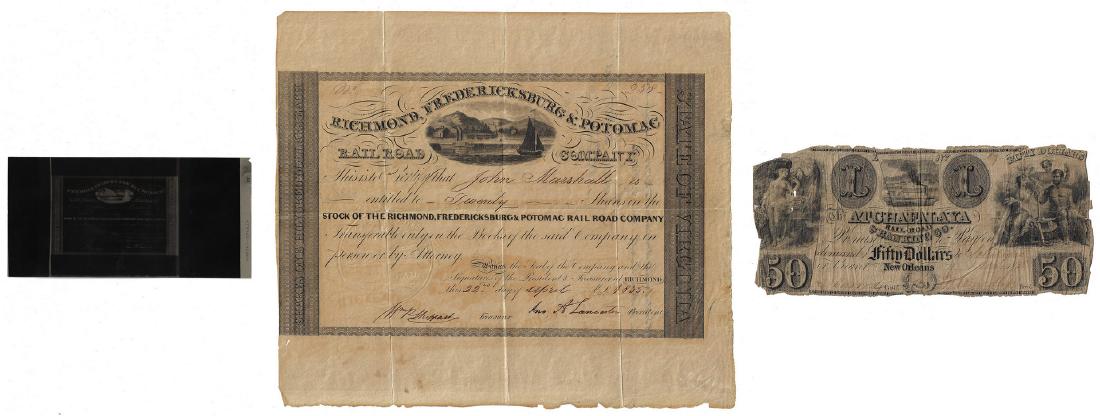 Justice John Marshall Railroad Stock Certificate,: Two (2) railroad related financial items related to U.S. Chief Justice John Marshall (1755-1835)and Charles Harrod (1787-1870). 1st item: Richmond, Fredericksburg, & Potomac Railroad Company stock cer