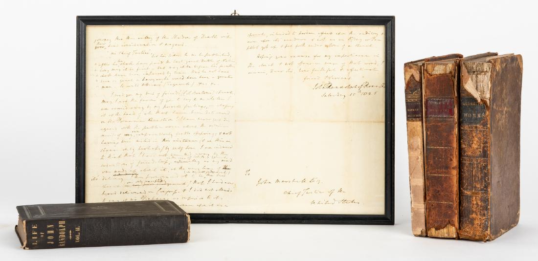 5 Marshall Family Items inc. Signed Books and Letter: Five (5) Marshall family items including books signed by U.S. Chief Justice John Marshall, his wife and son, and a John Randolph ALS referencing comments about John Marshall by Thomas Hart Benton. 1st