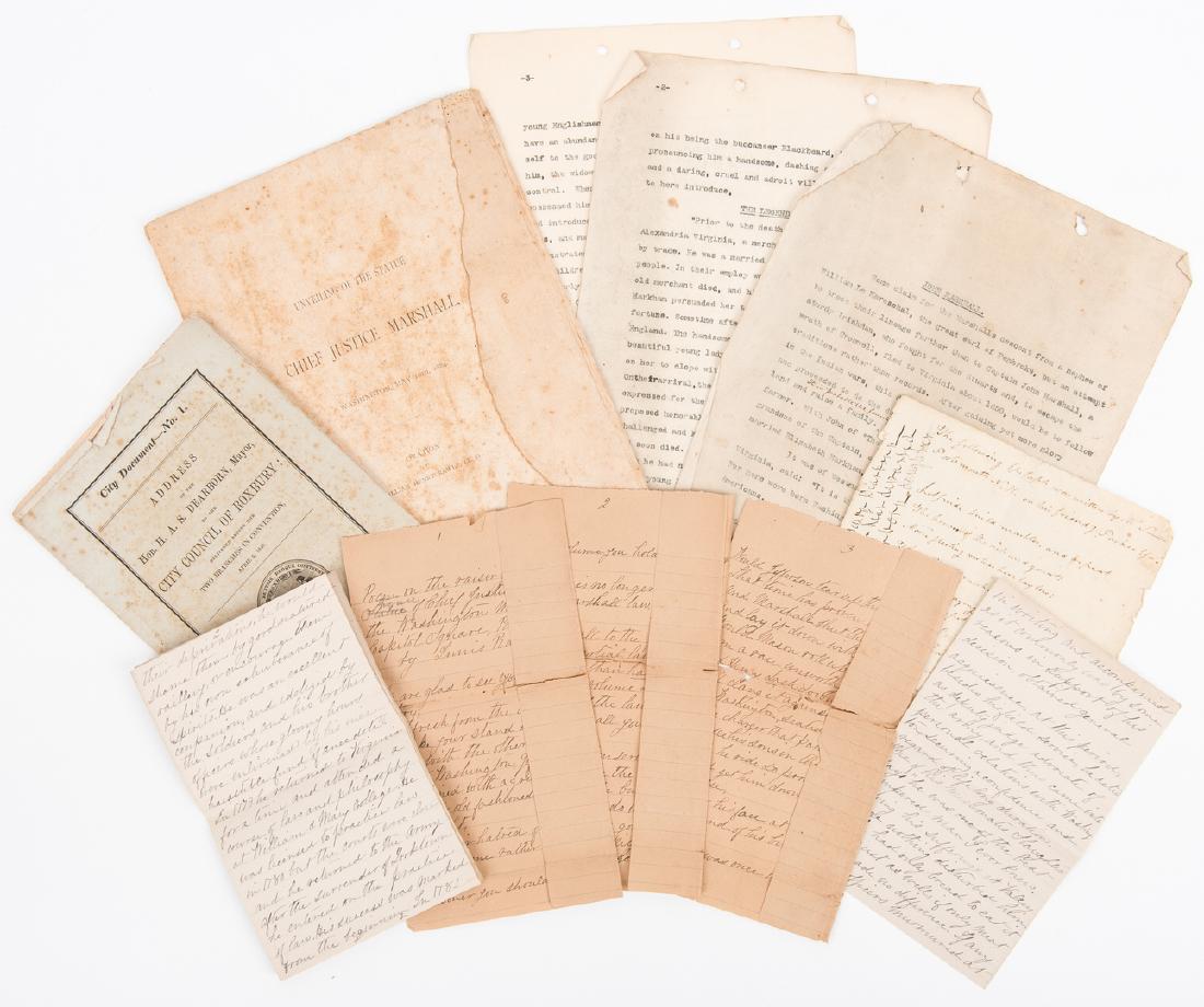 6 Marshall & Dearborn Family Speeches/Poems/Essays: Six (6) Marshall and Dearborn family speeches, poems, and essays. 1st item: Booklet titled "Unveiling the Statue of Chief Justice John Marshall, at Washington, May 10th, 1884" with an oration by Willi