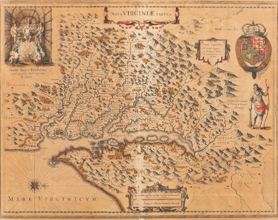 Hondius Map of VA - Nova Virginiae Tabula, 1636-1641: NOVA VIRGINIAE TABULA by Hondius, Amsterdam, copper-engraved map of Virginia based on the 1612 Virginia map by John Smith, engraved on laid paper. Framed with double sided glass showing English text e