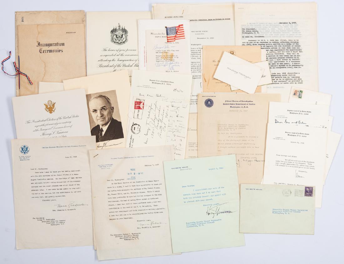 Judge George T. Washington archive inc. Truman, Eleanor: Judge George T. Washington archive of political letters and ephemera, 27 items total, including letters from Truman, Eleanor Roosevelt, Warren Burger, and more. George Thomas Washington (1908-1971) wa