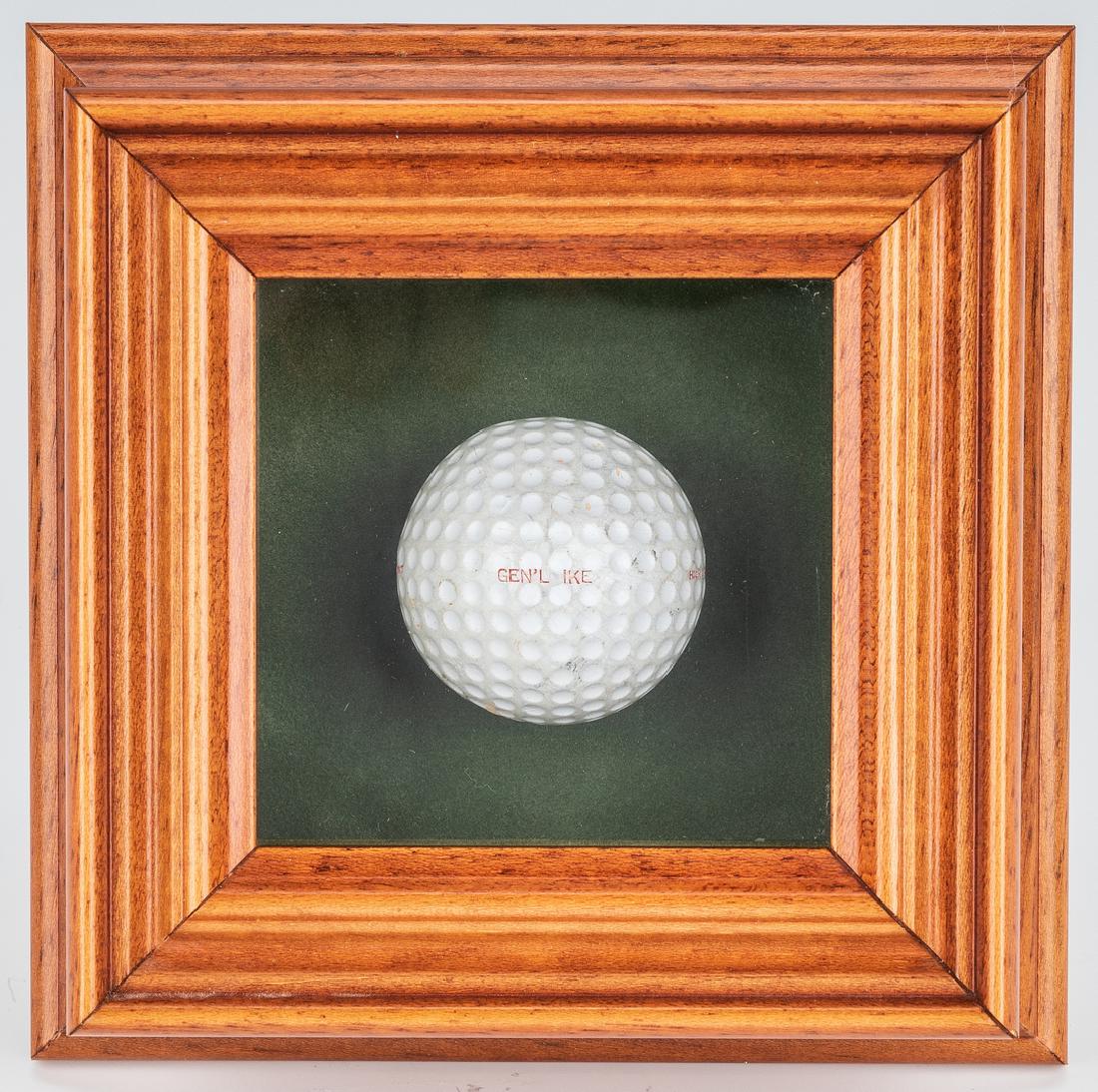 Dwight D. Eisenhower Personally Used Golf Ball: President Dwight D. Eisenhower personally used golf ball, stamped in red, "Gen'l Ike, Liquid Center, and High Compression". Additionally stamped "-B-36-". Housed in a custom shadow box frame. 5 5/8" s