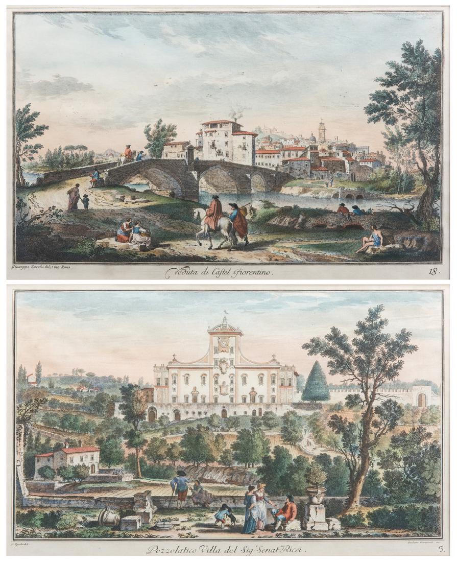 Pair Zocchi Italian castle engravings: After Giuseppe Zocchi (Italian, 1711 or 1717-1767) two framed hand colored etchings on laid paper, depicting Italian Villas: Veduta di Castel Fiorentino and Villa Ricci at Pozzolatico. Both plates lik