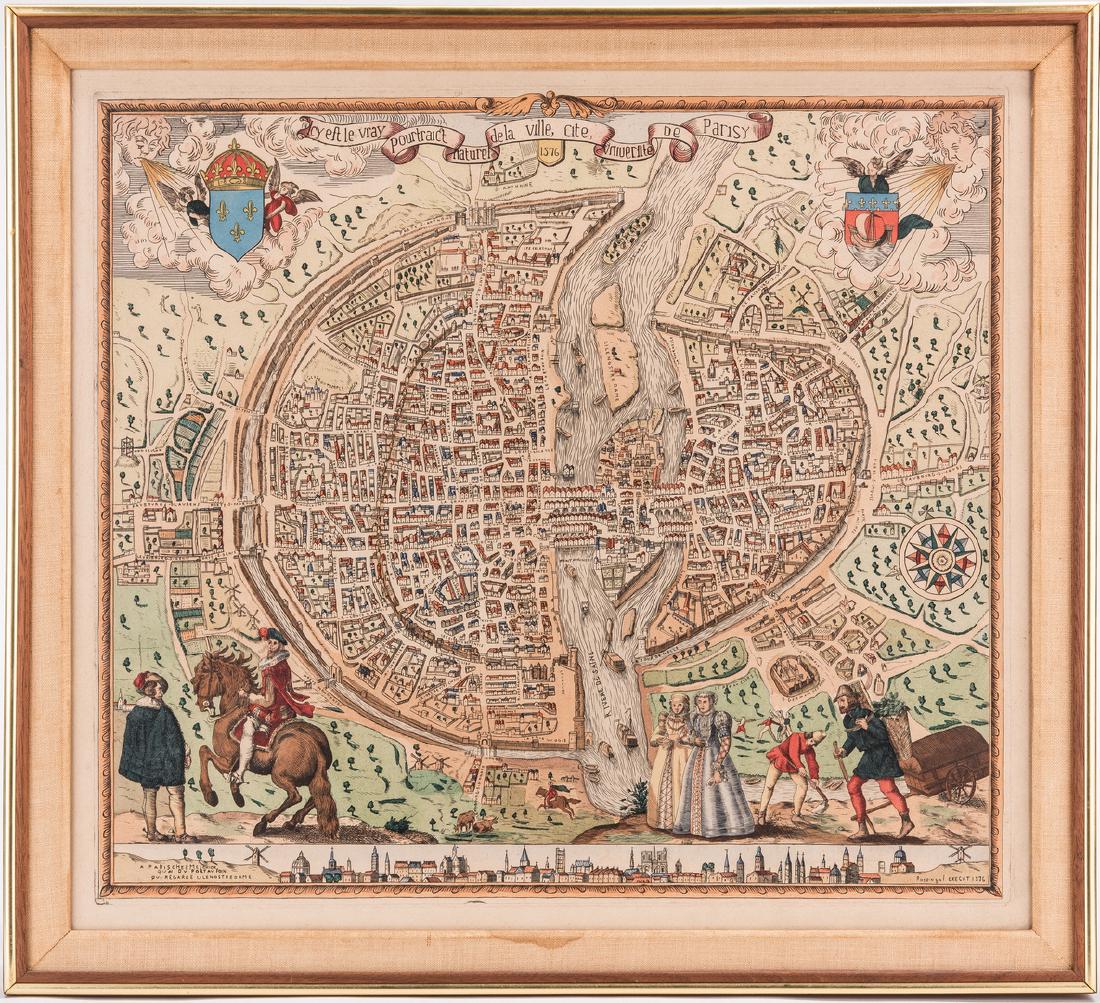 European Prints, inc. Paris Map: Five (5) 19th-20th Century European prints including Rossingol's Plan of Paris map. 1st item: Copper plate engraving with hand coloring reproduction of "Icy e[s]t le vray pourtraict de la ville, cite,