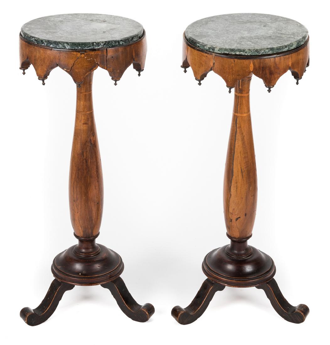 Pair of Continental Inlaid Pedestals: Pair of Gothic Continental inlaid pedestals, mahogany or fruitwood, comprised of round tops having shaped aprons with ebonized circular drops and inset green marble, baluster shaped standards with inv