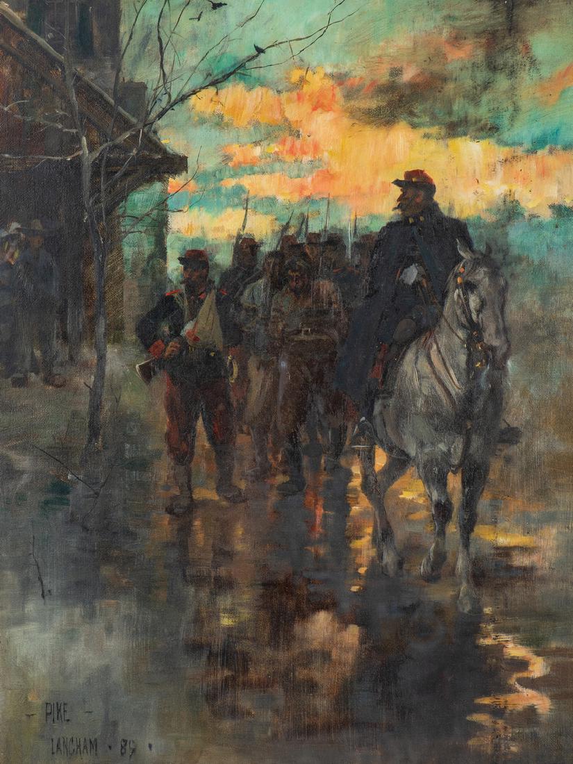 William Henry Pike oil, Bandits: William Henry Pike (United Kingdom, 1846-1908), "Bandits," oil on canvas painting depicting uniformed soldiers leading two prisoners past a group of men at the left standing under a wooden structure;