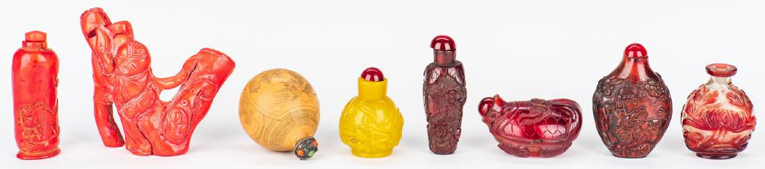 7 Asian Snuff Bottles & 1 Carved Coral Figure, 8 pcs.: 1st-7th items: Grouping of seven (7) Asian snuff bottles: 5 carved Peking glass snuff bottles, including 1 yellow with carved dragon design, 1 red figural fish form, 1 red to clear with carved floral 