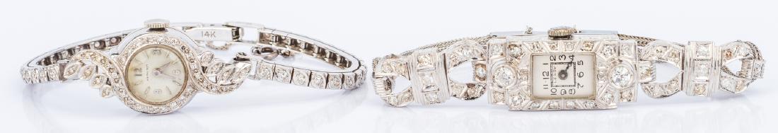2 Vintage Diamond Watches, Art Deco: 1st item: Art Deco lady's diamond and platinum watch bracelet top containing 46 round diamonds, sizes range from approx. .15 to .02 ct with total weight approx. 1.50 cts. Small rectangular white and b