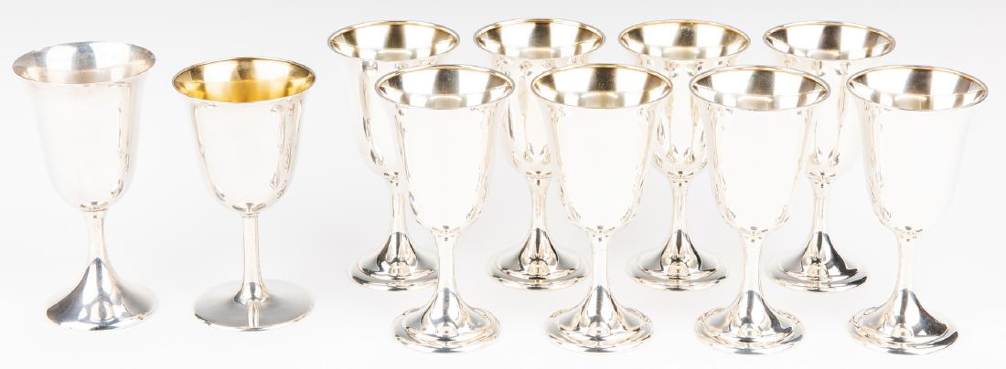10 Sterling Goblets (set of 8, plus 2): 10 sterling silver water goblets including set of 8 Alvin M157 with flared rim, gilt interior, stepped base, 6-1/2" H, 39.38 total oz troy/8 goblets. Together with 1 Fisher 69 sterling water goblet wi
