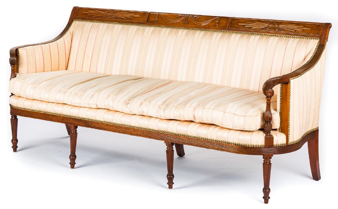 American Federal Carved Mahogany Square-Back Sofa: American Federal carved mahogany square-back sofa, likely New York and similar to examples from the Duncan Phyfe shop. Modeled after the English Sheraton Style with exposed swag and reed-carved top ra
