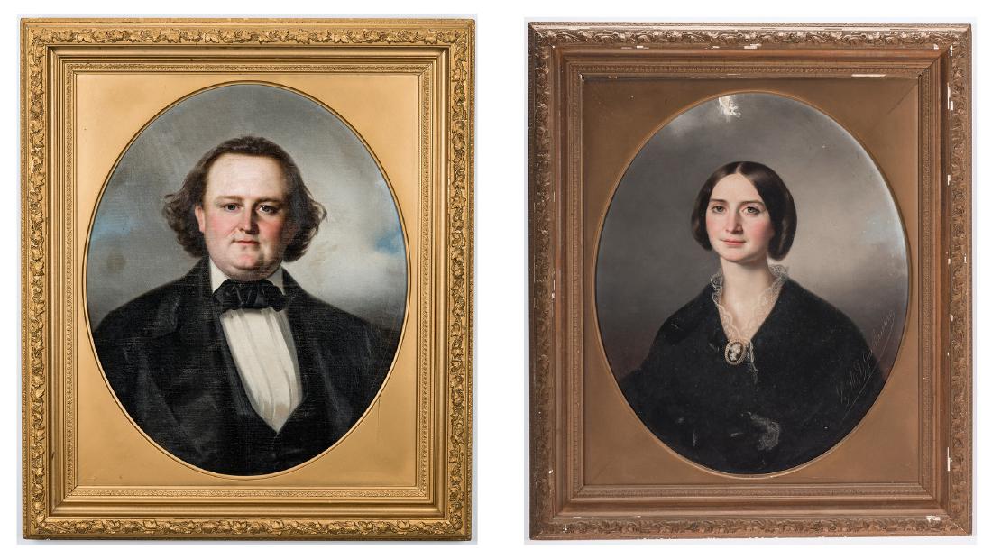 Portraits of Lt. Col. Lewis Minor Coleman and Mary: Louis Mathieu Didier Guillaume (District Of Columbia, 1816-1892), Pair of oil on canvas companion portraits depicting CSA Lt. Colonel Lewis Minor Coleman and his wife Mary Ambler Marshall Coleman. Lew