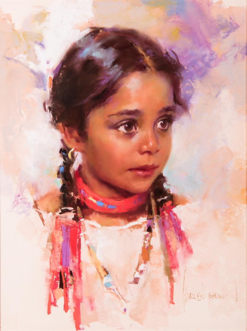 Harley Brown, Native American Girl w/ Ribbons: Harley W. Brown (Arizona/Alberta, born 1939) pastel on paper depicting a young Native American girl with braids and ribbons in her hair against a multi-color background. Signed lower right. O'Brien's