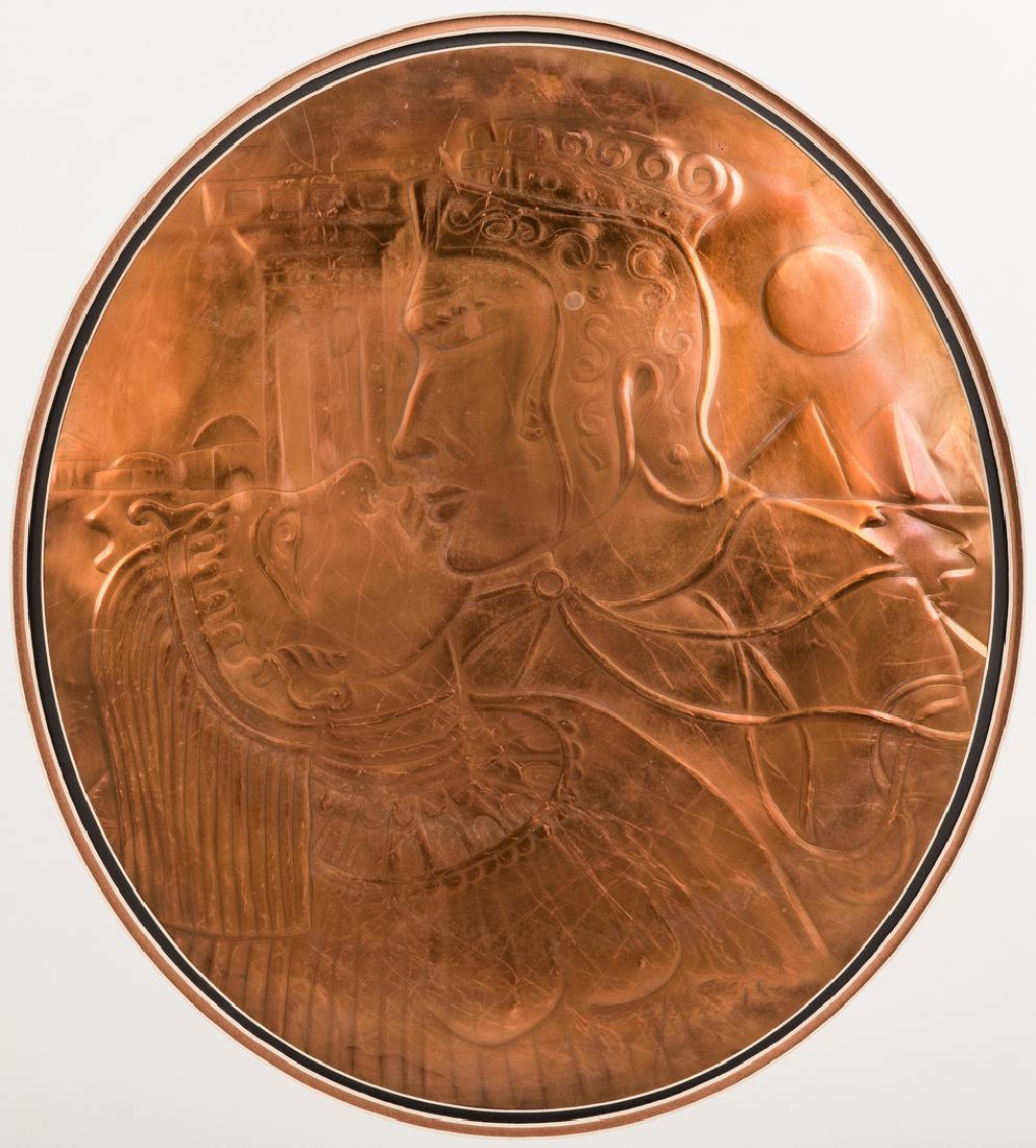 Greg Ridley Large Copper Plaque: Greg Ridley round copper repousse plaque, depicting two lovers in Classical dress, embracing in front of a columned building. Signed lower right and dated '96. 20 1/2" diameter, matted and framed in r