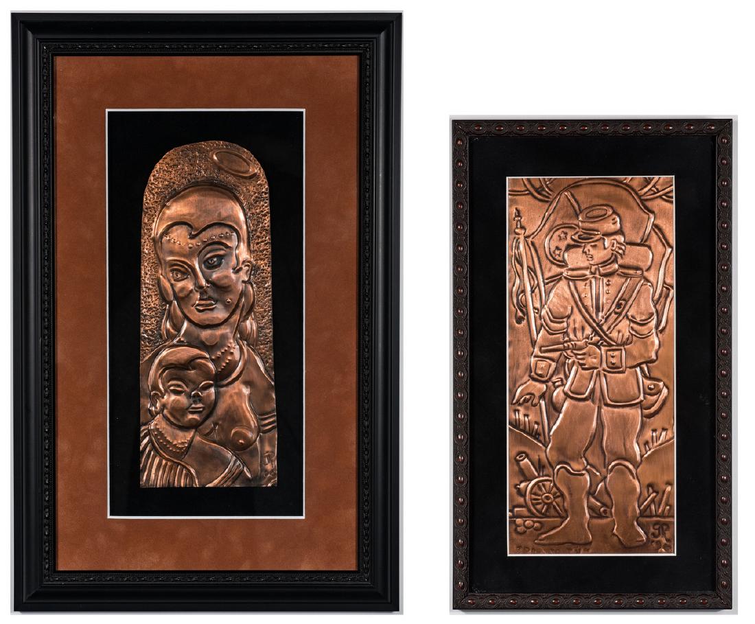 2 Greg Ridley Copper Plaques: Greg Ridley (Tennessee, 1925-2004) two small copper plaques, one titled "Ode to TN." Both matted and framed under glass. 1st item: Arched copper plaque depicting the Madonna and Child, signed lower ri