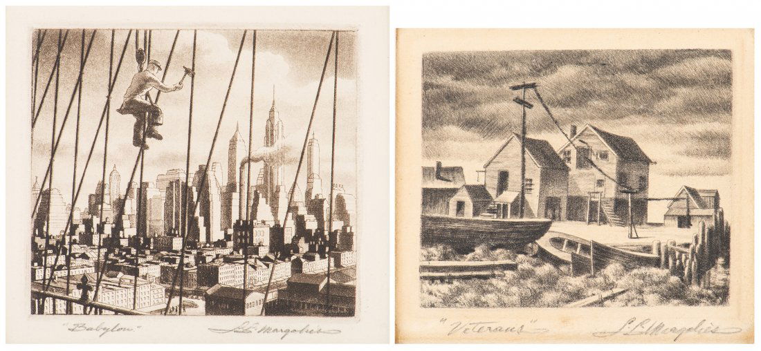 2 Samuel Margolies Etchings, Babylon & Veterans: 1st item: Samuel L. Margolies (American, 1897-1974) aquatint etching titled "Bridge to Babylon" depicting a construction worker atop a New York Ciry bridge. Titled and signed lower margin in pencil. P