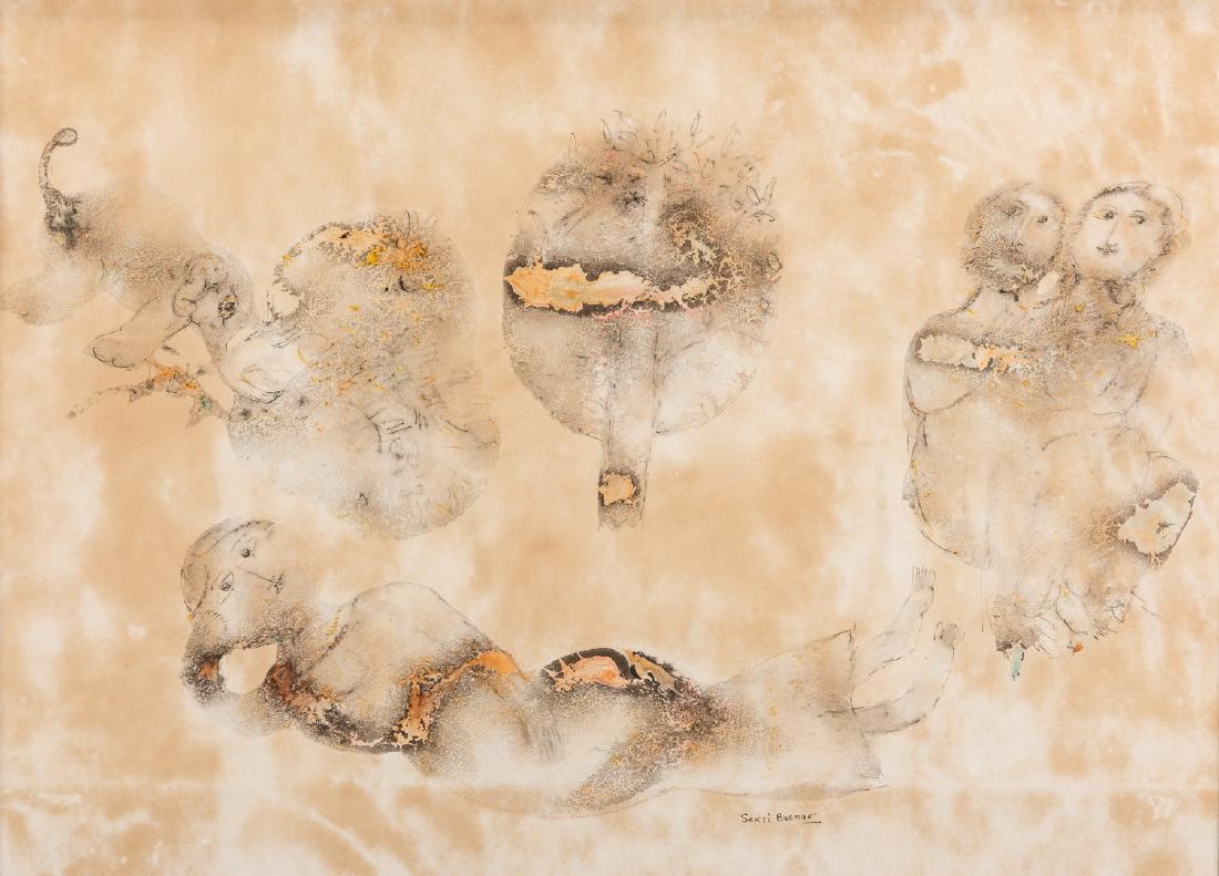 Sakti Burman Watercolor and Ink on Paper: Sakti Burman (France/India, b. 1935) watercolor and pen on paper laid on board, untitled, images include baby elephant, woman reclining, lioness in standing tree, seated male and female figures. Signe