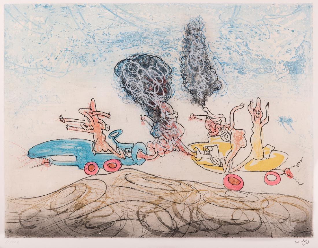 Roberto Matta etching, Les Oh Tomobiles: Roberto Matta (Chilean, 1911-2002) color etching on japon paper from "Les Oh! Tomobiles", depicting creatures in two vehicles, heading towards each other. Pencil signed lower right and numbered "71/10