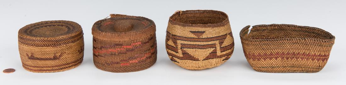 4 Native American Baskets, inc. Tlingit: 1st item: Tlingit round lidded gift basket wove from cedar bark (bottom & upper rim) and two-color twined spruce root (body). Body with canoe pattern and two horizontal bands, lid with spiral weave an