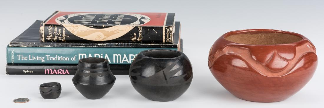 8 San Ildefonso Pottery Related including Marie &: Eight (8) San Ildefonso related items. 1st item: Rosalie Simbola Aguilar (c. 1898-1947) and Joe Aguilar (1898-1965) redware pottery jar with sgraffito kiva step and cloud and rain designs to neck. Sig