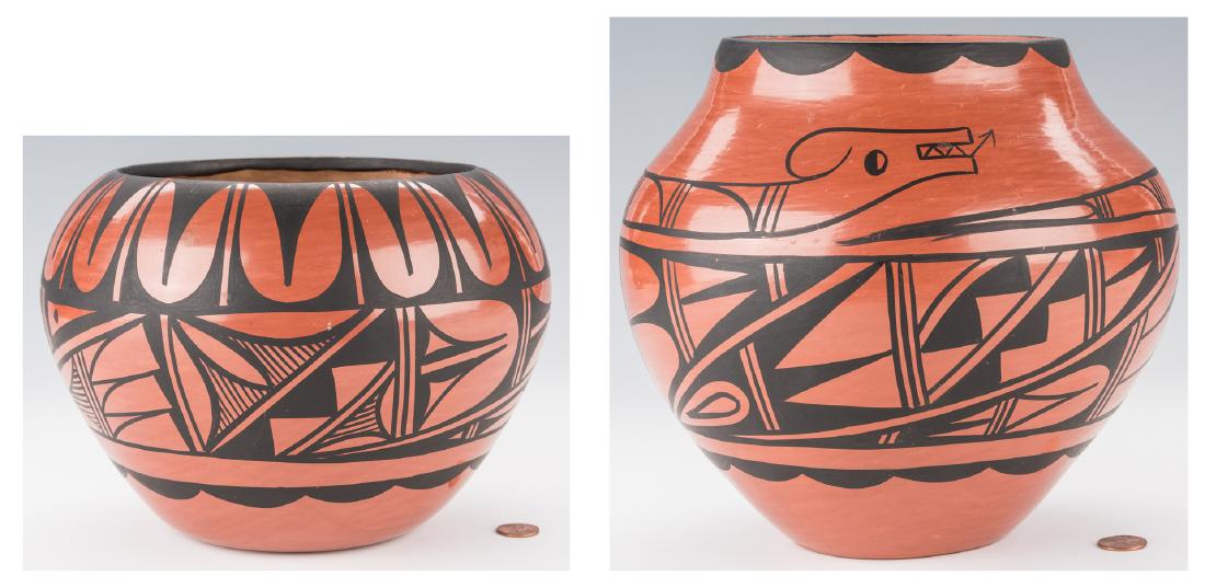 2 Native American Jemez Pottery Jars by Donald Chinana: 1st item: Jemez redware pottery jar by David Chinana with polished red and black geometric designs. Signed on the base. 6 3/4" H x 10" W. 2nd item: Jemez redware pottery jar by David Chinana with poli