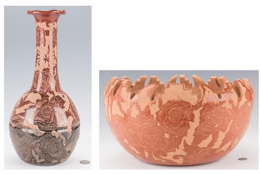2 Gwen Tafoya Santa Clara Pottery Pcs.: 1st item: Gwen Tafoya (b. 1965) Santa Clara redware pottery vase, ovoid form with tall slender neck and ruffled rim and sgraffito hummingbird, butterfly and floral designs throughout. Signed on the ba