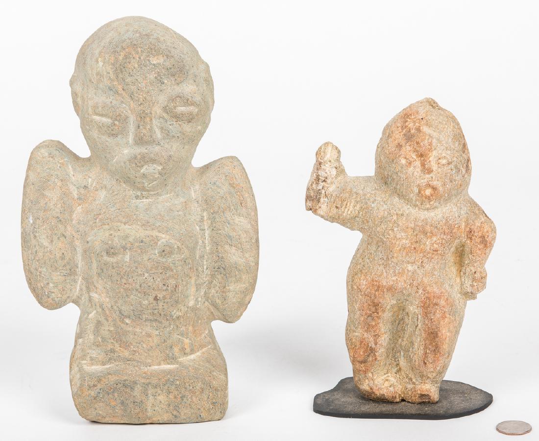 2 Folk Art Stone Carvings, Coins & Simmons: Two folk art stone carvings. 1st item: Raymond Coins (American/North Carolina, 1904-1998) stone carvings, one relief carving depicting a winged "baby doll" figure (11 1/2" H x 7" W) with inscribed sig