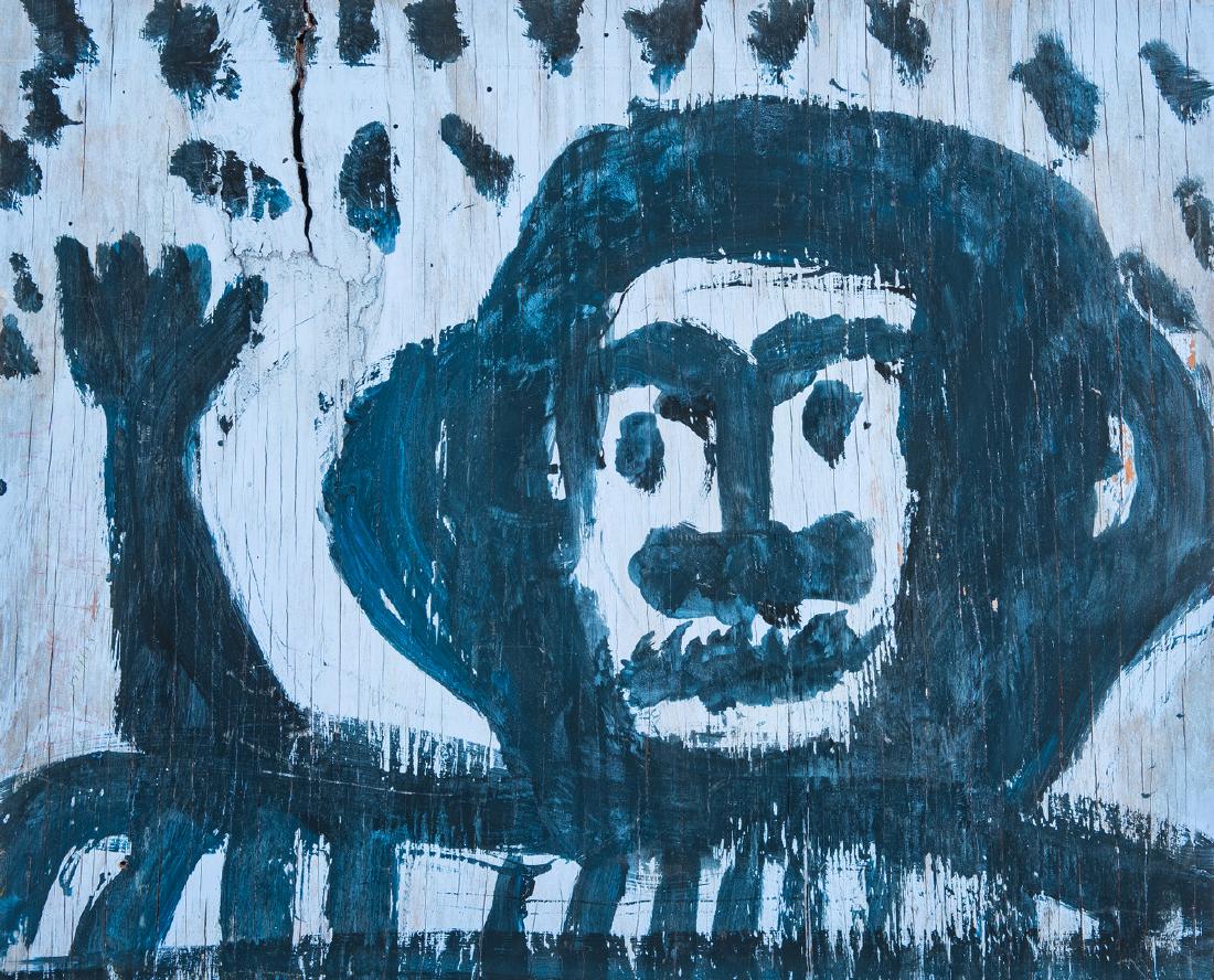 Folk Art Portrait, Mary T. Smith: Mary T. Smith (Mississippi, 1905-1995) folk art house paint on found wood portrait depicting a woman waving her hand. Carved initials/symbols en verso. 19" H x 24" W. 20th century. Provenance: North C