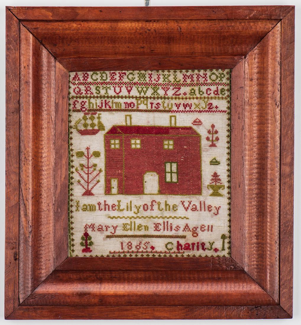 Kentucky House Sampler, dated 1865: Kentucky schoolgirl needlework sampler with verse, signed by Mary Ellen Ellis (Hadley, Warren County, b. 1854) and dated 1865, rendered primarily in red and green wool/cotton on linen. Depicts an uppe