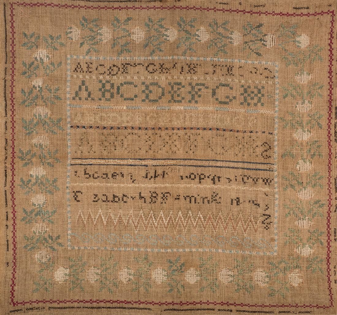 Williamson Co., TN Sampler c. 1835: Williamson County, Tennessee needlework sampler circa 1835, silk on linen, worked by Elizabeth Buford Fleming (1826-1892). Wide floral border enclosing four rows of alphabets rendered in cross, Queen'