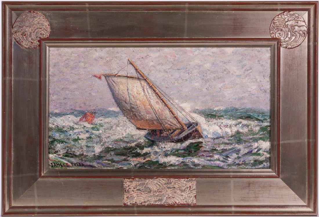 James Tyler, O/C, Painting of a Ship: James Gale Tyler (Connecticut/New York, 1855-1931) oil on canvas maritime painting depicting a sailboat navigating through tempestuous waters before a red buoy, against a stormy grey sky, background.