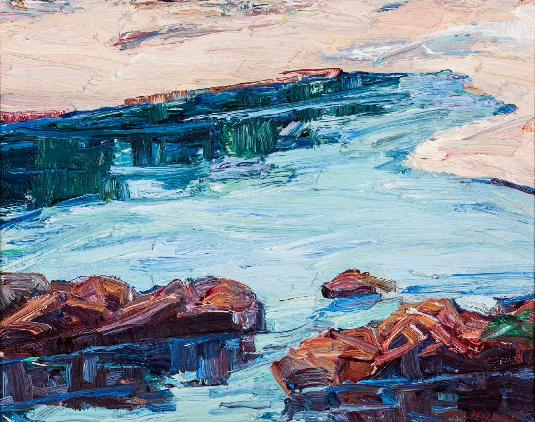 Nellie Knopf Oil on Board Seascape: Nellie Augusta Knopf (American, 1875-1962) impressionist oil on board seascape painting titled "Point Lobos" depicting a shoreline view from the Point Lobos State Natural Reserve located in California