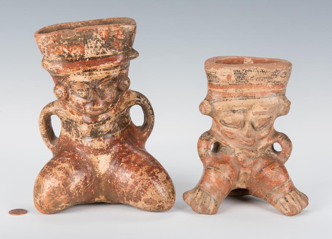 2 Pre-Columbian Pottery Items: 2 Pre-Columbian figural pottery pieces. 1st item: Nicaraguan/Managua polychrome earthenware female figurine depicted seated, 6 1/4" H x 5 1/4" W. Circa AD 800-1200. 2nd item: Costa Rican/Muneka, Nicoy