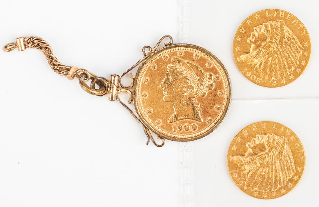 3 Small gold coins: Three vintage American gold coins. 1st item: One 1900 Liberty Head $5 gold coin, Philadelphia mint, 1,405,500 mintage, 0.900 Fineness, 8.36 grams, 21.6mm diameter, edge not visible, circulated. Mounte