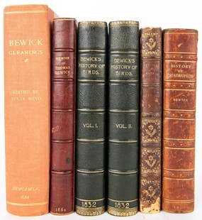 5 Thomas Bewick Bird Books: Five (5) Thomas Bewick books, 6 vols. total. 1st item: A History of British Birds. The Figures Engraved on Wood, Vol. I - Containing the History and Description of Land Birds, by Thomas Bewick, 1797.