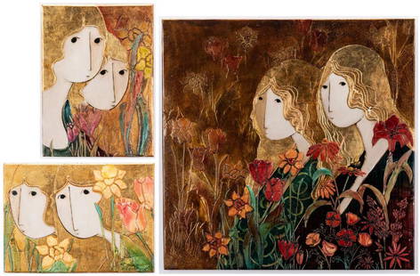 3 Stephen White Oil on Wood Paintings: Three (3) Stephen White (North Carolina, b. 1939) oil on wood paintings, all rendered in an impasto technique. All depict twin blonde females amongst multi-colored flowers on a gilt background.