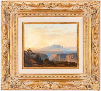 Michael McCarthy oil, Grand Canyon: Michael McCarthy (American, b. 1951) oil on canvas landscape depicting the Grand Canyon at sunrise or sunset. Signed lower right and dated 1985. Rococo style carved and gilt frame with whitewash. Sigh