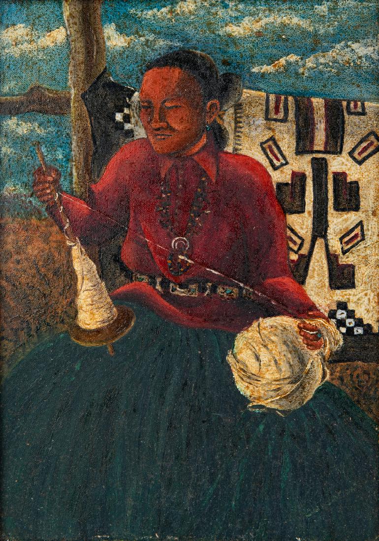 Native American Oil on Board Portrait: Oil on board portrait depicting a Navajo female weaver spinning wool into yarn with a completed Navajo rug in the background. Inscription en verso reads "To my dear friend Peggie "The Navajo Spinner"
