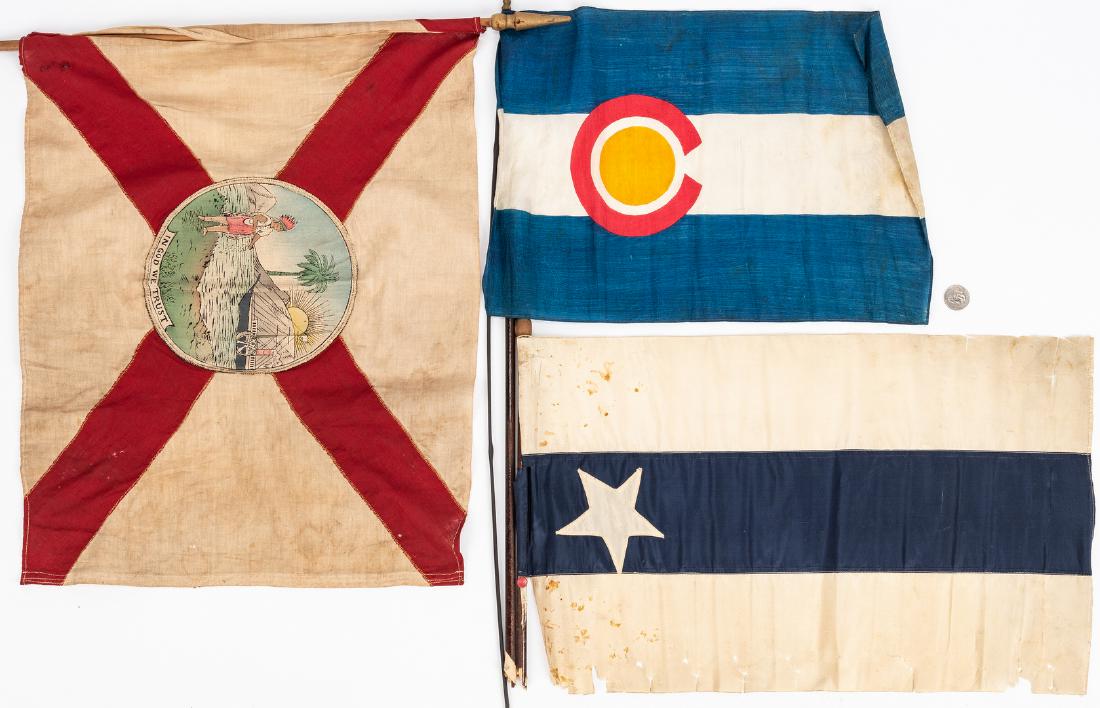 3 20th Cent. Flags, inc. Modified Bonnie Blue Reunion: Three (3) flags including Florida, Colorado, and Bonnie Blue. 1st item: Modified Bonnie Blue reunion flag, machine sewn silk, consisting of a single white star on a blue stripe with a white strip abov