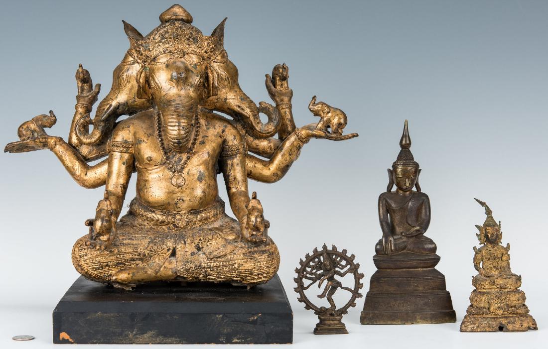 4 Thai Hindu Bronze & Metal Figures, incl. Buddhas: Four (4) Thai Hindu Bronze and Metal Figures. 1st item: Thai bronze Buddha depicted seated and posed upon a multi-tiered triangular base. Incised inscription on the lower base tier. 9 3/4" H. Late 19t