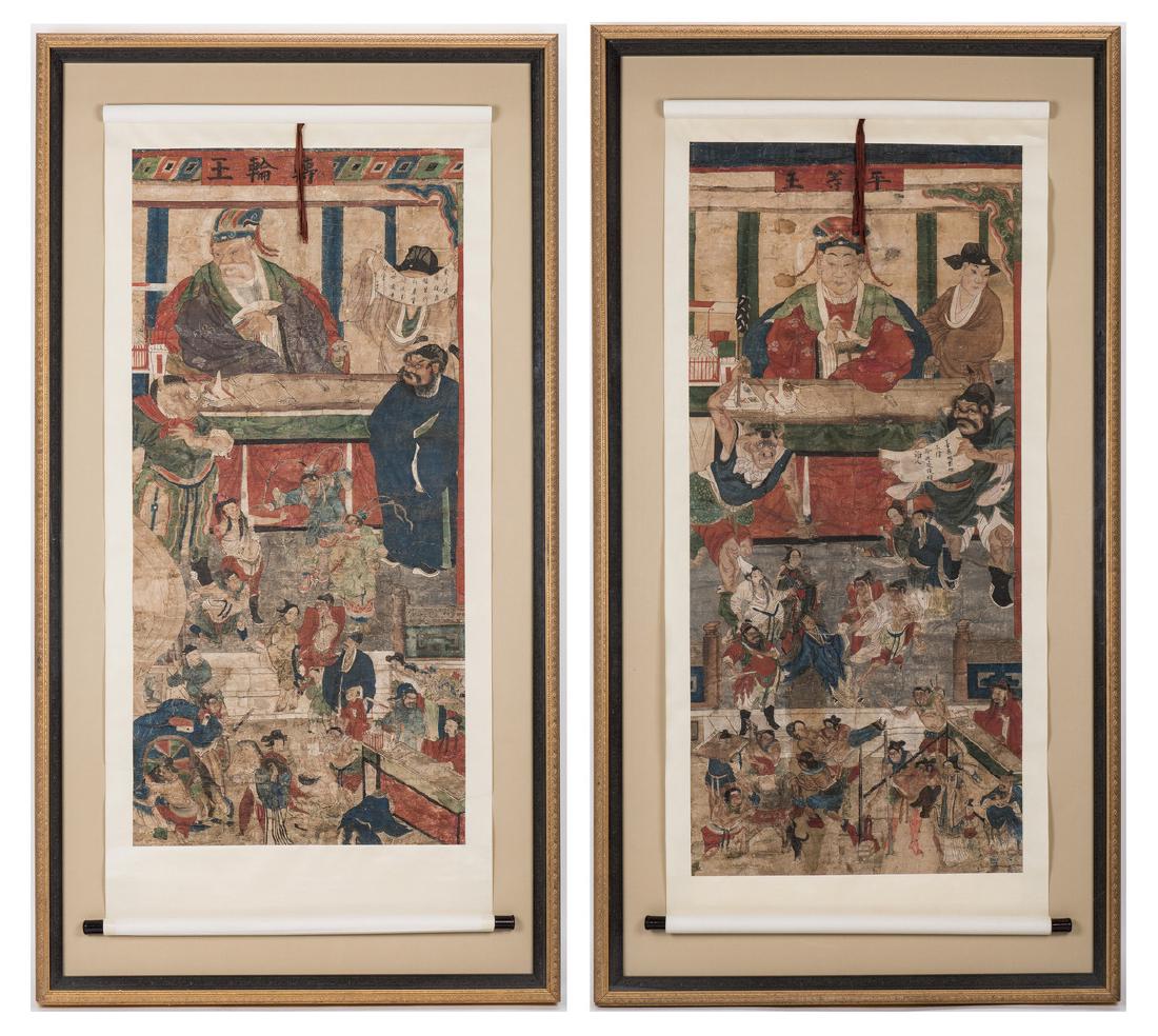 Two Framed Taoist Scrolls, Diyu (1st pair): 2 large Chinese or Korean Daoist Paintings, ink and color on paper, likely depicting Diyu, courts of the afterlife where spirits are judged and renewed in preparation for reincarnation. Yan Kings and 