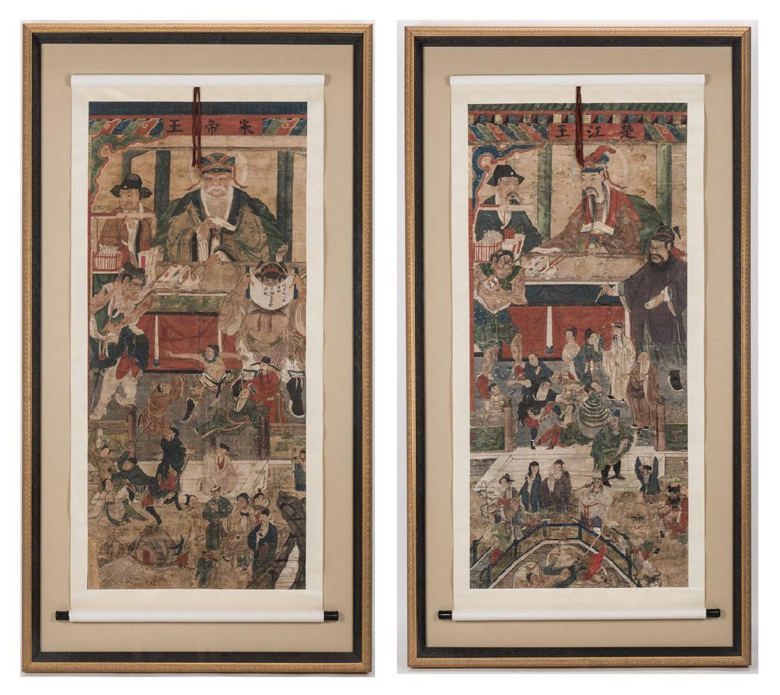 Two Framed Taoist Scrolls, Diyu (2nd pair): Two (2) large Chinese or Korean Daoist Paintings, ink and color on paper, likely depicting Diyu, courts of the afterlife where spirits are judged and renewed in preparation for reincarnation. Yan King