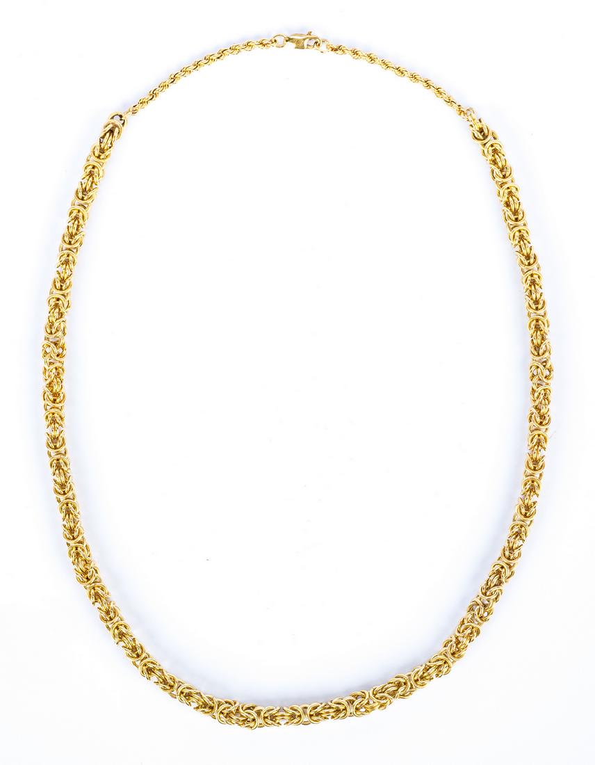 14K Byzantine Link Necklace, 65.9 grams: 14K yellow gold byzantine link design necklace consisting of 15-3/4" long byzantine links with 2" long rope chain necklace with lobster claw clasp attached at either end, total length - 19-3/4". 65.9 
