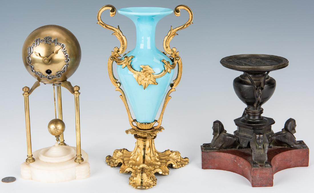 3 Continental Decorative Items incl. Ball Clock: Three (3) Continental Decorative items, including French, Egyptian Revival, Art Deco. 1st item: French turquoise opaline glass amphora shaped vase with scroll and floral ormolu mounts and trifid base,