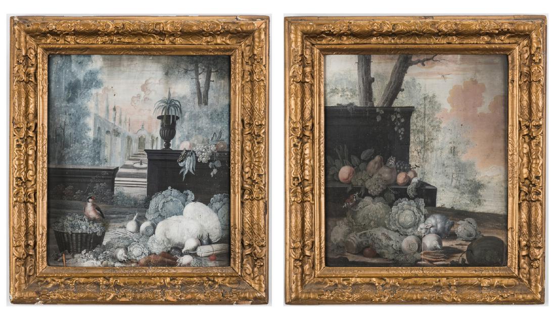 2 Baroque Still Life Paintings: Pair of Baroque still life paintings, oil on canvas laid down on wood panel, both rendered in a muted, almost grisaille palette. Both with exhibition/accession labels verso. One titled "Landscape with