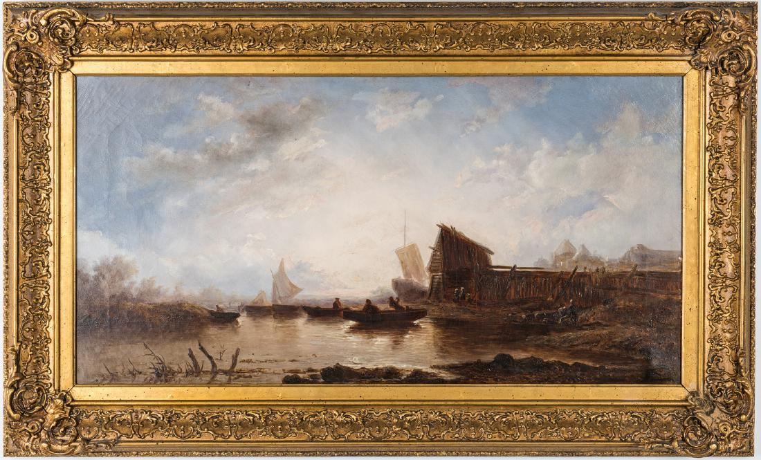British School 19th C. Harbor Scene, Doneraile: British School harbor scene, oil on canvas, depicting fishermen in boats at shore with other figures working on shore, fishing boats in the bay, large barn like structure right foreground and small vi