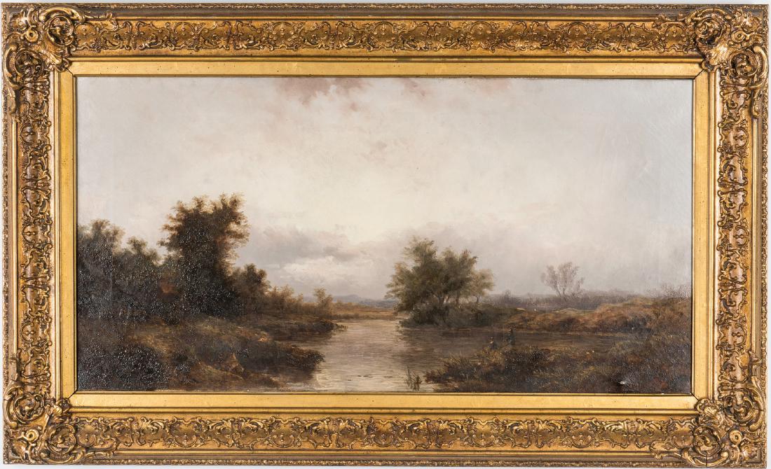 British 19th C. Landscape, Doneraile inscription: British School landscape, oil on canvas, scene of two fishermen at riverbank with structure in trees at left. Winsor and Newton London stamp en verso of canvas with inscription en verso of frame: " ..