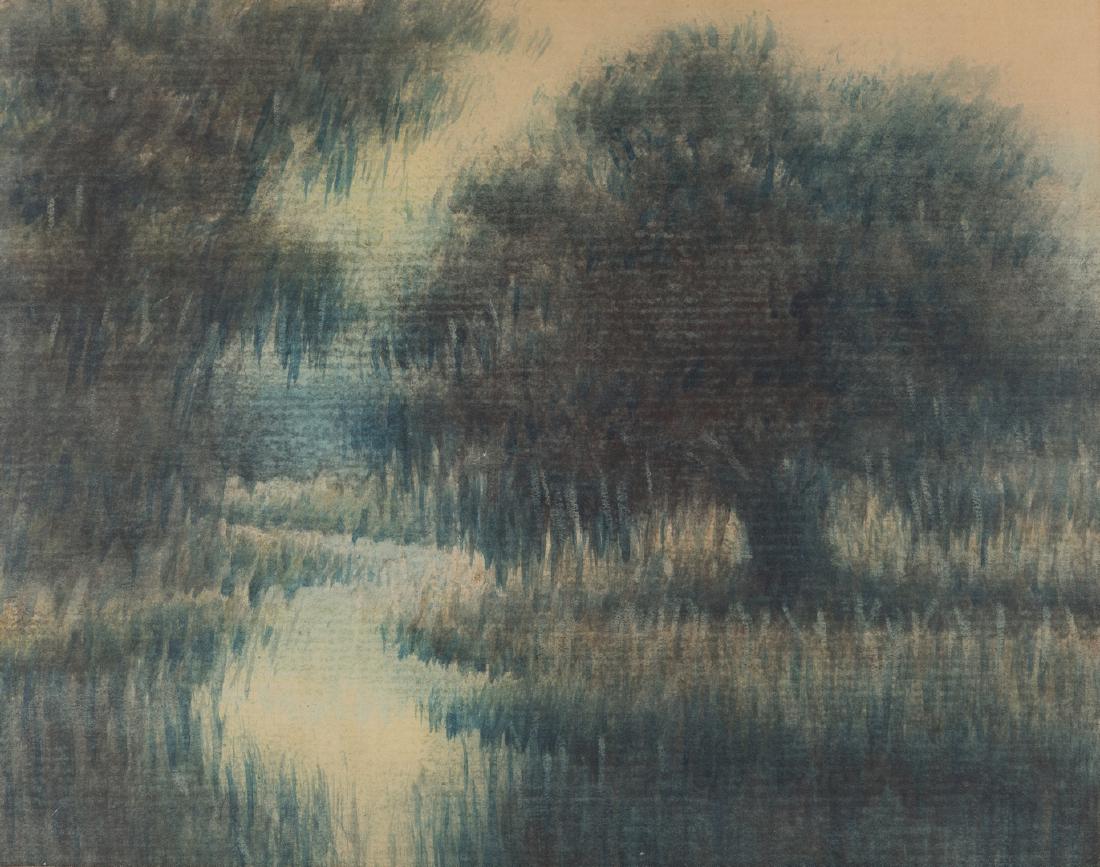 Alexander Drysdale, Louisiana Landscape: Alexander John Drysdale (American/Louisiana, 1870-1934) oil wash on paper painting of a Louisiana Bayou landscape. Signed faintly "A. Drysdale" lower right. Framed under glass with taupe double mats a